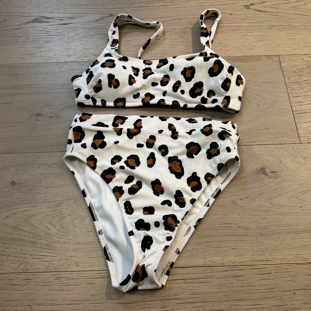 White Leopard Print Ribbed High Waisted Bikini Set Scoop Neck Two Piece Women